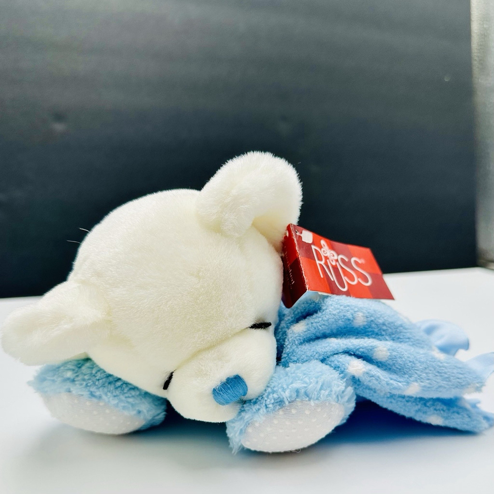 Russ Baby Plush Sweet Dreams Blue & White Teddy Bear Rattle Blankie Lovey w/ Tag